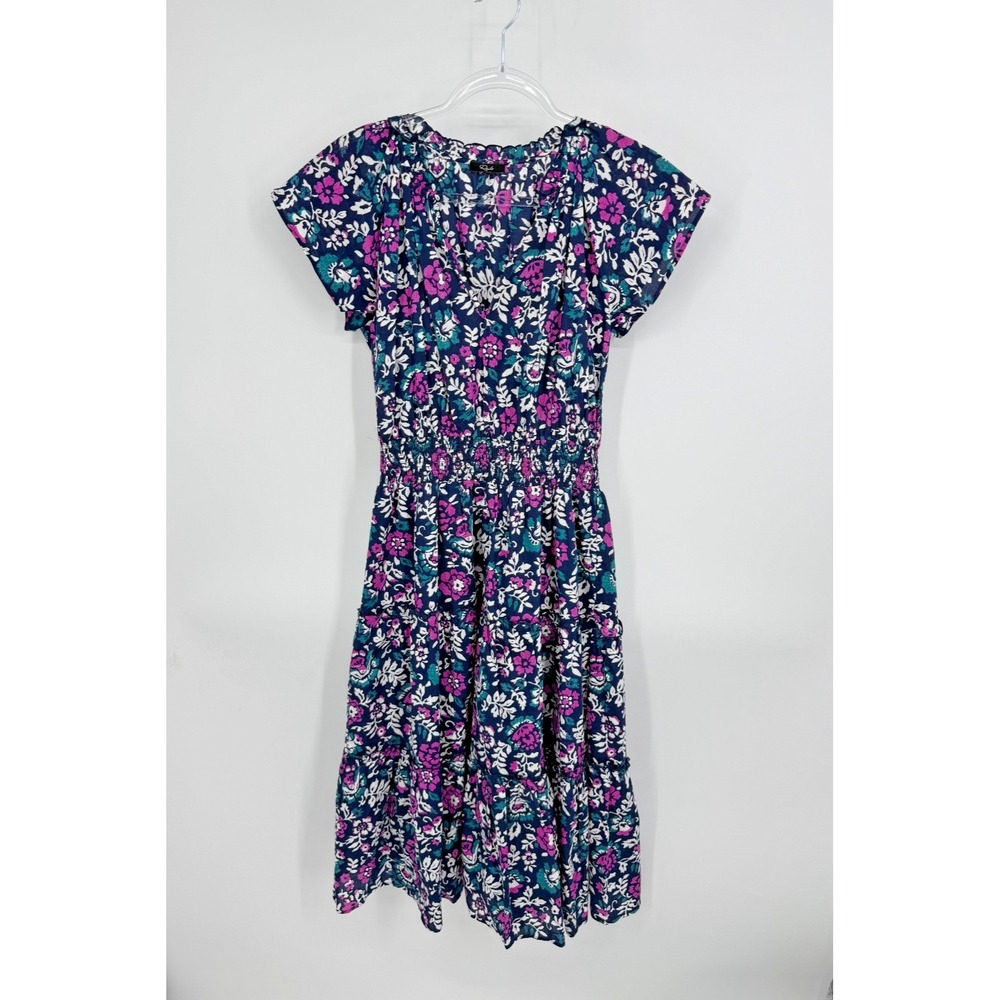 Rails Amelia Floral Tiered Midi Dress Size S Smocked Waist Cap Sleeve Woodblock